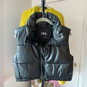Zara Black Leather (Faux) Cropped Puffer Vest